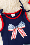 Navy blue patriotic bow printed tank top and denim distressed shorts. OFG60469 AMY