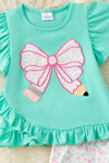 Pencil applique on mint top and floral shorts.  OFG60551 SOL