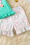 Pencil applique on mint top and floral shorts.  OFG60551 SOL