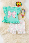 Pencil applique on mint top and floral shorts.  OFG60551 SOL
