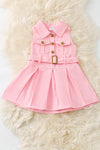 Pink denim dress w/pleaded skirt & front pockets. DRG60693 SOL