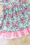 Coquette pencil printed on aqua color dress with gingham ruffle trim DRG51157