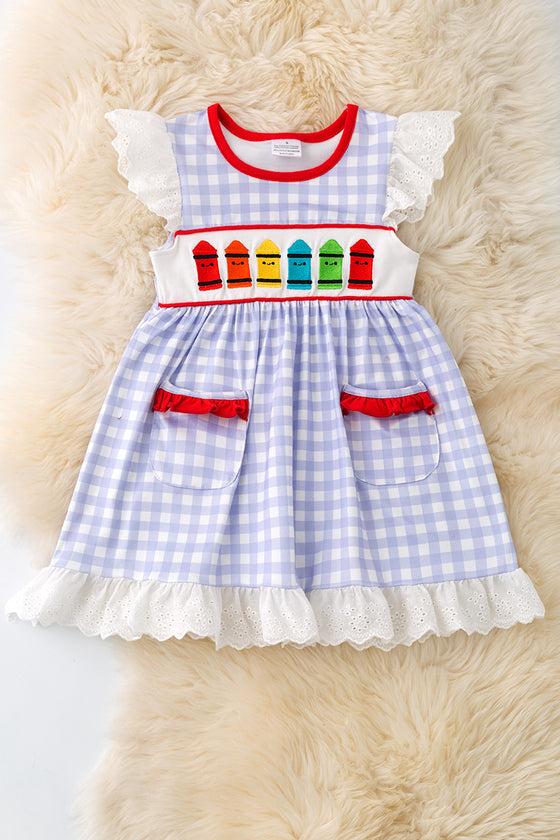 Crayon embroidered dress with gingham print & front pockets.  DRG51187