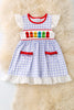 Crayon embroidered dress with gingham print & front pockets.  DRG51187
