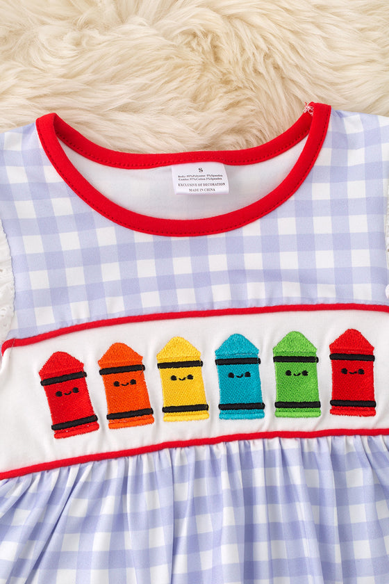 Crayon embroidered dress with gingham print & front pockets.  DRG51187