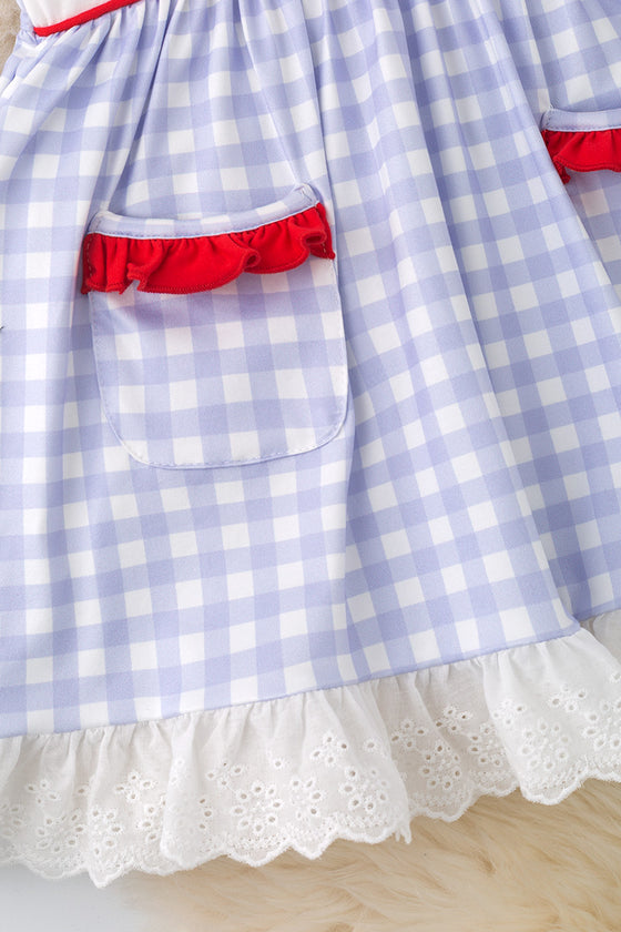 Crayon embroidered dress with gingham print & front pockets.  DRG51187