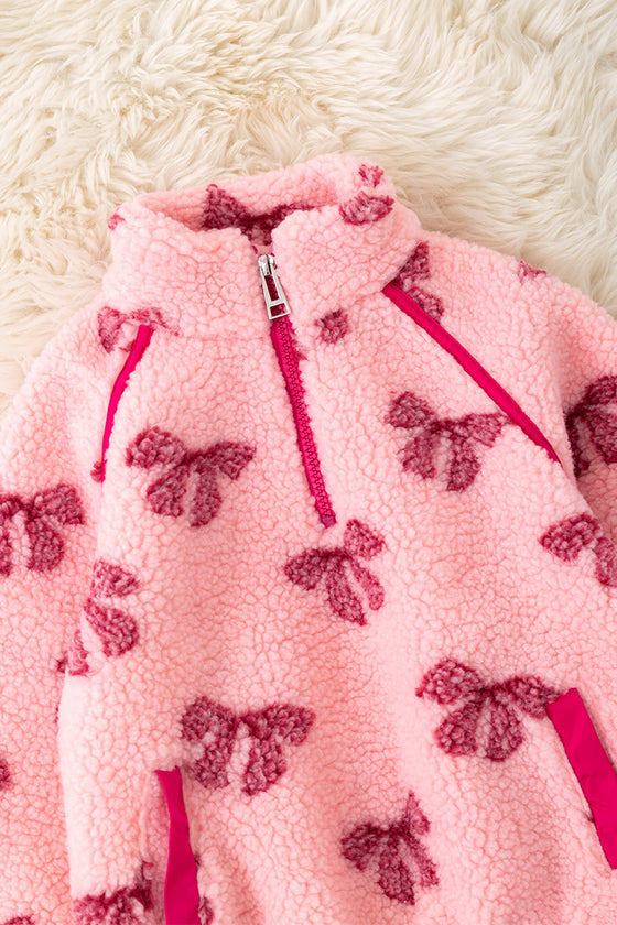 Girls Fuchsia coquette bow sherpa pullover.  TPG50397 SOL