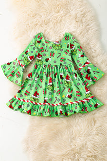  Grinc* character printed bell sleeves dress. Christmas multi-printed dress. DRG52033 JEAN