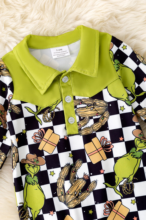 Checker Grinc* printed boys baby romper. RPB50377 AMY