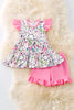 Multi-printed back to school tunic and pink ruffle shorts. OFG50746