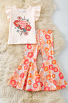 Lucky Cowgirl Club" Cream angel sleeve top & orange floral bottoms. OFG60877 JEAN