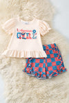 "American Girl" Ivory ruffle top and flag printed shorts with ruffle detail. OFG60804 JEAN