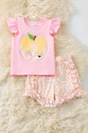 Yellow pencil applique on pink top & floral shorts. OFG60701 SOL