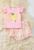 Yellow pencil applique on pink top & floral shorts. OFG60701 SOL