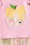 Yellow pencil applique on pink top & floral shorts. OFG60701 SOL