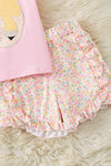 Yellow pencil applique on pink top & floral shorts. OFG60701 SOL