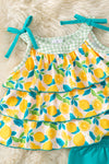 Lemon printed tiered tunic w/ teal shorts. OFG60290 AMY