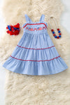 Blue gingham patriotic tiered dress. DRG60732 AMY