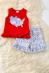 USA" Floral applique on red ruffle top & floral shorts. OFG60456 JEAN