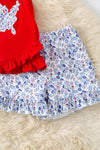 USA" Floral applique on red ruffle top & floral shorts. OFG60456 JEAN