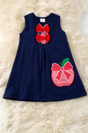Navy Blue dress with red front bows & apple applique. DRG60968 jean