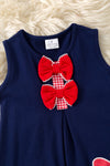Navy Blue dress with red front bows & apple applique. DRG60968 jean