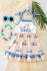 Blue accent farm printed dress w/ruffle trim.  DRG41255 WEN