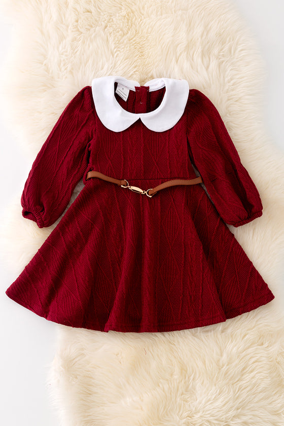 DRG42144 NAY: Burgundy flare dress w/belt.