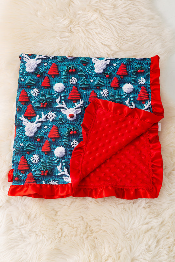 35" X 35" Red nose reindeer on green Christmas baby blanket. BKG50150 S