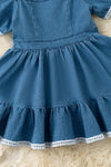 Denim blue Wide flare denim dress with white lace hem. DRG60290 JEAN