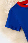 Royal blue w/ red trim back to school applique tee. TPB60171 JEAN