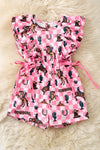 Pink checkered western printed romper with angel sleeves. PNG60137 AMY