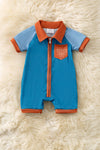 Ribbed fabric blue romper with a front pocket & back pockets. RPB60252 JEAN