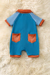 Ribbed fabric blue romper with a front pocket & back pockets. RPB60252 JEAN