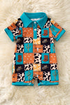 Multi-printed western patch romper with snaps. RPB60291 JEAN