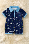 Navy blue western printed romper w/ lt. blue hem. RPB60304-SOL