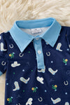 Navy blue western printed romper w/ lt. blue hem. RPB60304-SOL