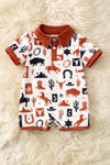 Ivory multi-printed western baby romper with snaps. RPB60290 AMY