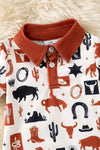 Ivory multi-printed western baby romper with snaps. RPB60290 AMY