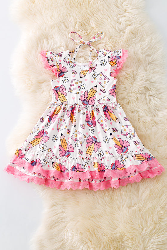 Cute Floral pencil printed back to school dress w/ pink lace trim. DRG51171