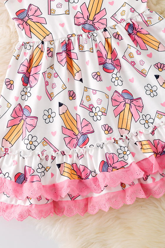 Cute Floral pencil printed back to school dress w/ pink lace trim. DRG51171