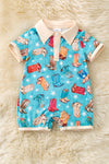 Turquoise multi-printed boot romper with cream hem. RPB60305 JEAN