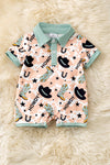 Howdy cow spotted baby romper w/ dusty green hem & snaps. RPB60248 AMY