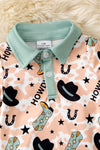 Howdy cow spotted baby romper w/ dusty green hem & snaps. RPB60248 AMY