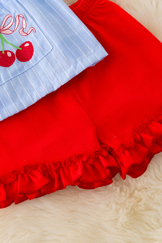 Cherry pocket tunic and red ruffle shorts. OFG50358 JEANNE