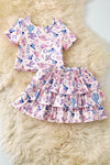 Western printed crop top and 3 tiered layered skort. OFG61002 AMY