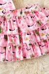 Pink Western boot printed crop top and 3 tiered layered skort. OFG61001 SOL