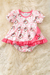 Horseshoe printed baby bodysuit dress with fuchsia ruffle hem. RPG60878 SOL