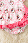Horseshoe printed baby bodysuit dress with fuchsia ruffle hem. RPG60878 SOL