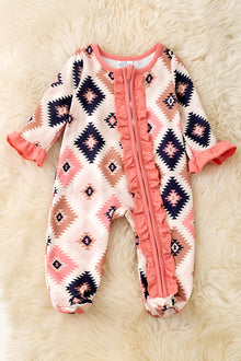  Pink aztec printed baby onesie with ruffle trim. RPG53246 SOL